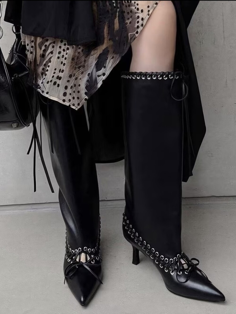 Women Trendy Hot Knee High Boots, Pull On Pointed Toe Side Lace Up Strap Tall